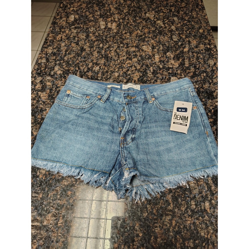 Mango MNG Denim Hailey Cutoff Shorts Light Wash Blue Faux Leather Pocket USA 4